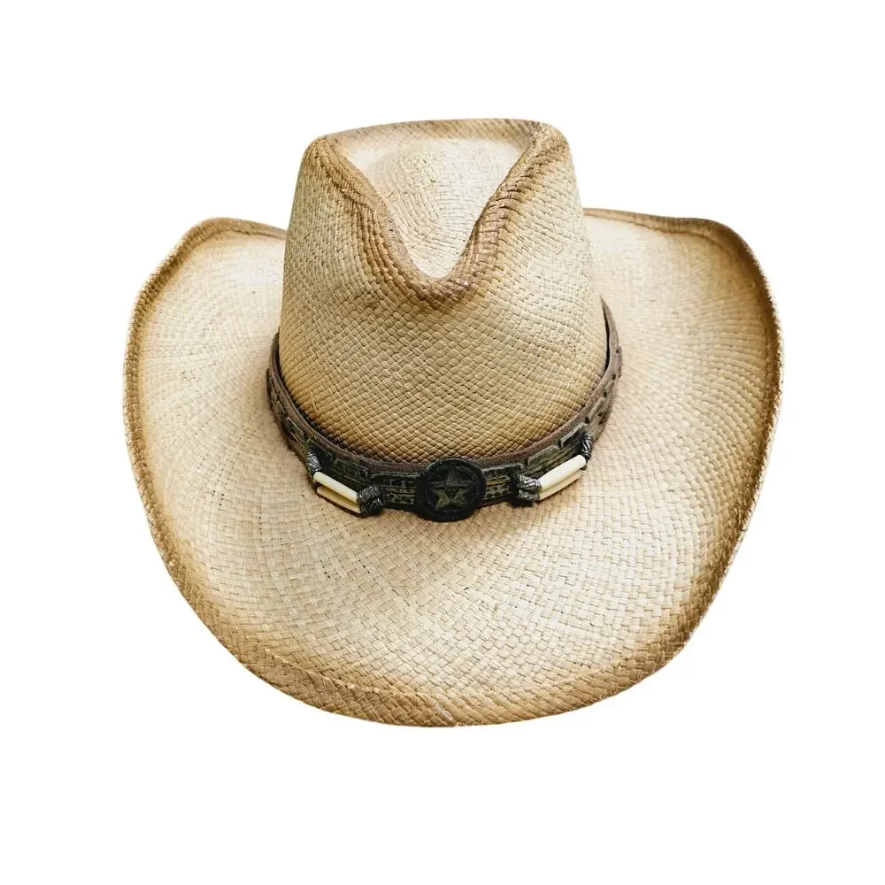Bullhide Dundee Shapeable Straw Cowboy Hat Sz L Leather Band Barrel Bead Western